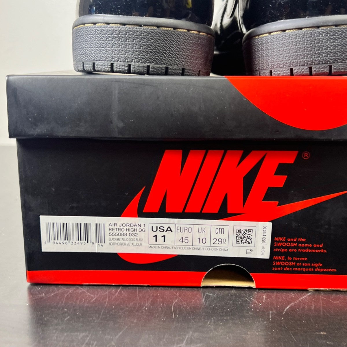 Jordan 1 Retro High Black Metallic Gold (2020) 11 (Lightly Worn Pre-Owned)JordanBlack/Black-Metallic Gold - Image 5