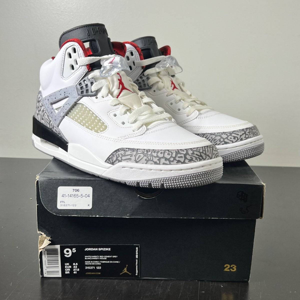 Jordan Spizike White Cement (2017) 9.5 (Lightly Worn Pre-Owned)JordanWhite/Varsity Red-Cement Grey-Black-Dark Grey - Image 1