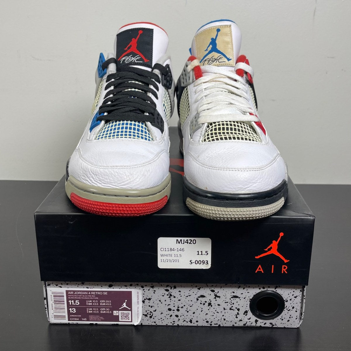 Jordan 4 Retro What The 11.5 (Moderately Worn Pre-Owned)JordanWhite/Military Blue-Fire Red-Black-Cement Grey - Image 2
