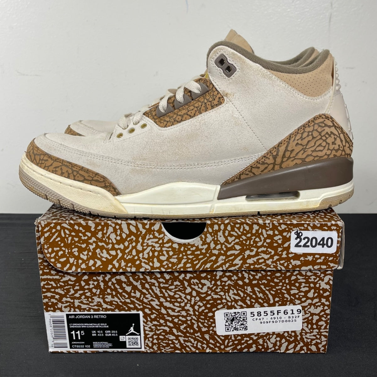 Jordan 3 Retro Palomino 11.5 (Moderately Worn Pre-Owned)JordanLight Orewood Brown/Metallic Gold/Light British Tan/Palomino - Image 3