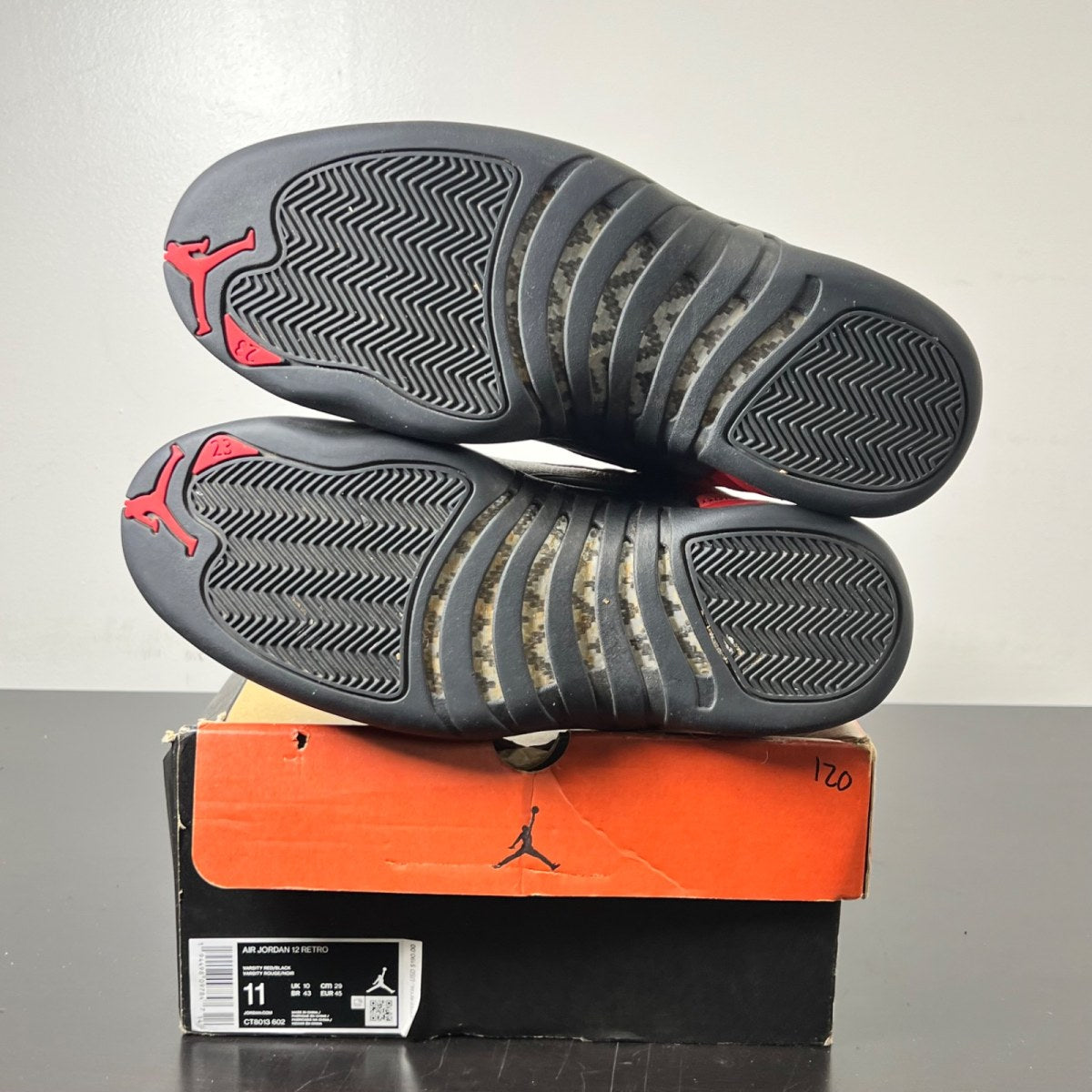 Jordan 12 Retro Reverse Flu Game 11 (Lightly Worn Pre-Owned)JordanVarsity Red/Black - Image 6