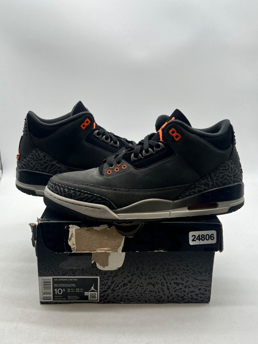 Jordan 3 Retro Fear Pack (2023) 10.5 (Lightly Worn Pre-Owned)JordanNight Stadium/Total Orange-Black-Flat Pewter-Neutral Grey - Image 1