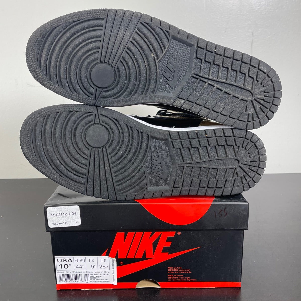 Jordan 1 Retro High NRG Patent Gold Toe 10.5 (Moderately Worn Pre-Owned)JordanBlack/Metallic Gold-Summit White - Image 5