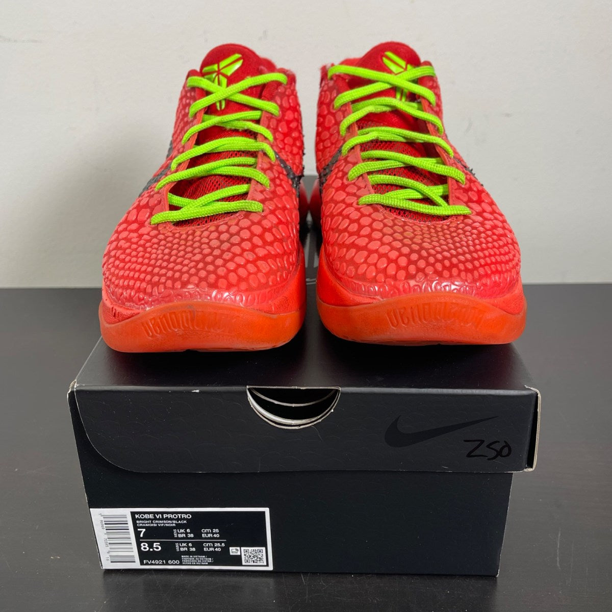 Nike Kobe 6 Protro Reverse Grinch 7 (Moderately Worn Pre-Owned)NikeBright Crimson/Black/Electric Green - Image 4