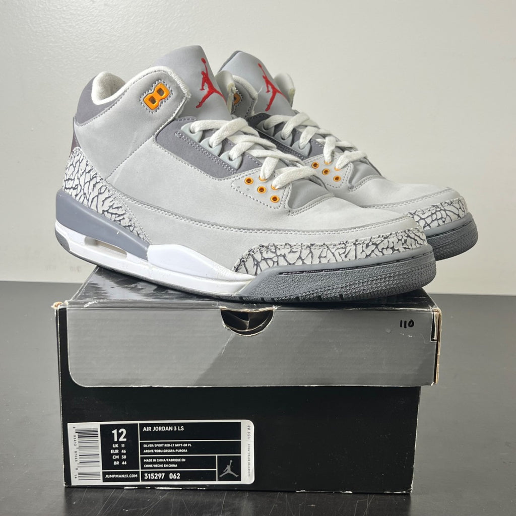 Jordan 3 Retro Cool Grey (2007) 12 (Lightly Worn Pre-Owned)JordanSilver/Sport Red-Light Graphite-Orange Peel - Image 1