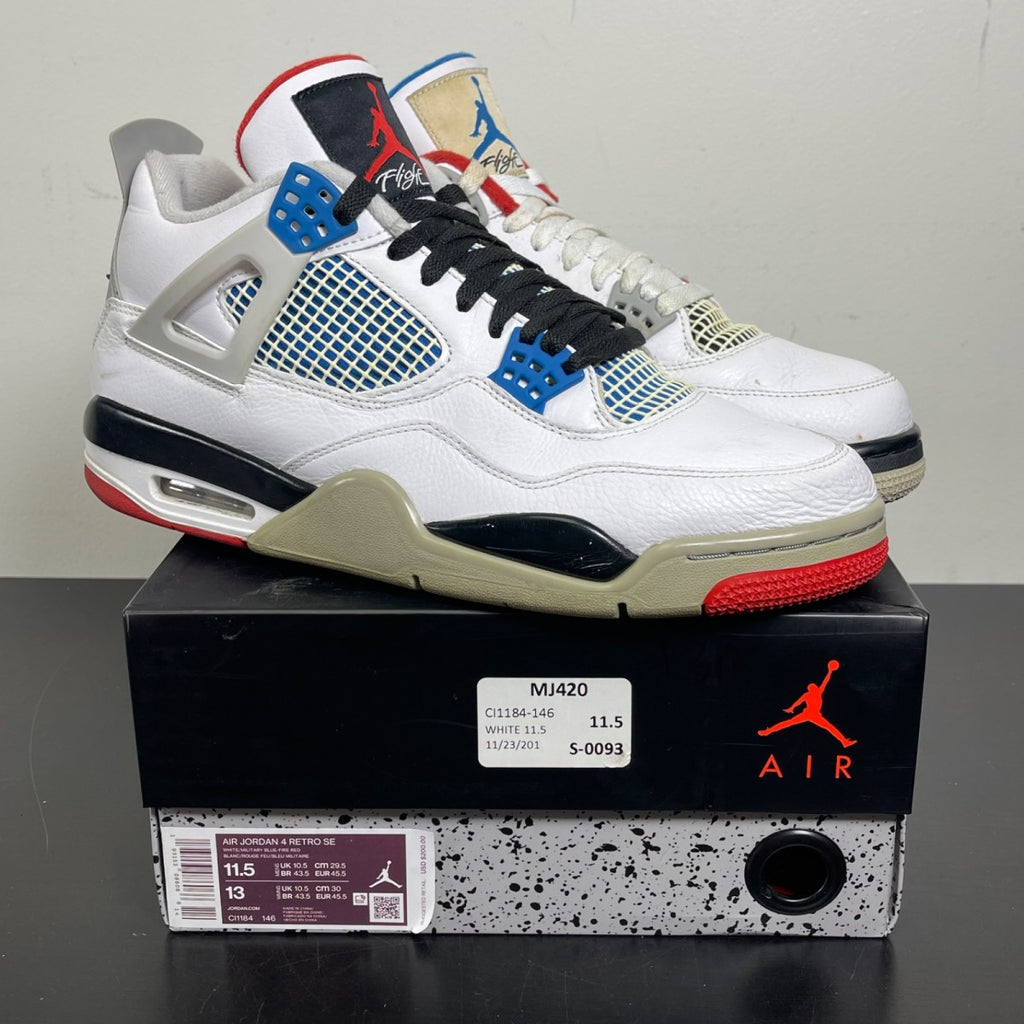 Jordan 4 Retro What The 11.5 (Moderately Worn Pre-Owned)JordanWhite/Military Blue-Fire Red-Black-Cement Grey - Image 1