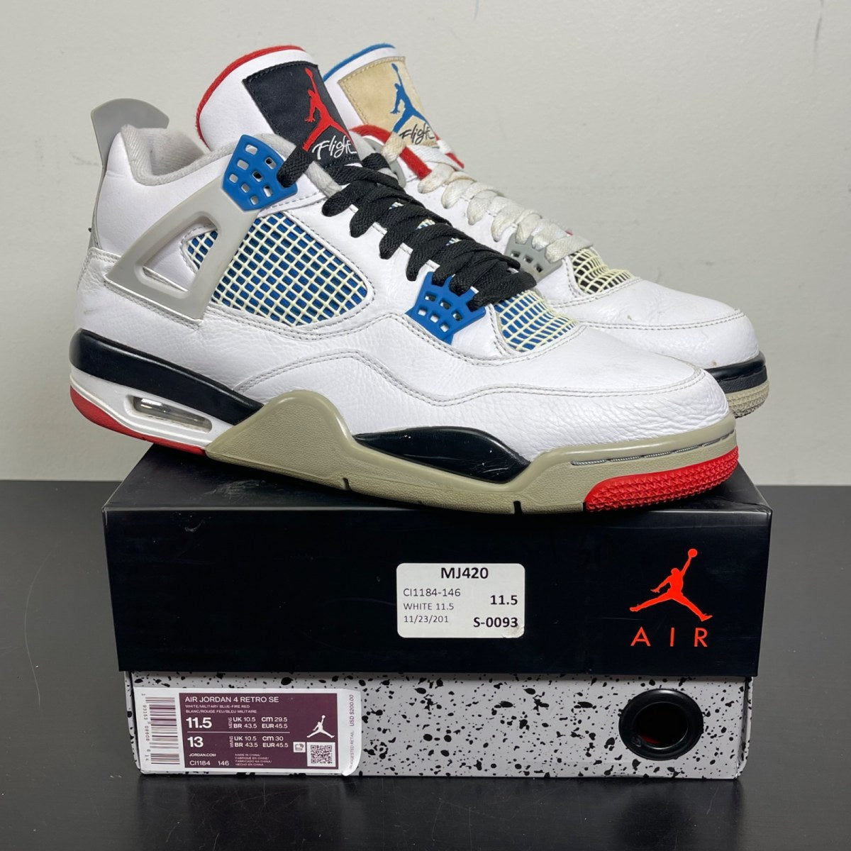 Jordan 4 Retro What The 11.5 (Moderately Worn Pre-Owned)JordanWhite/Military Blue-Fire Red-Black-Cement Grey - Image 1