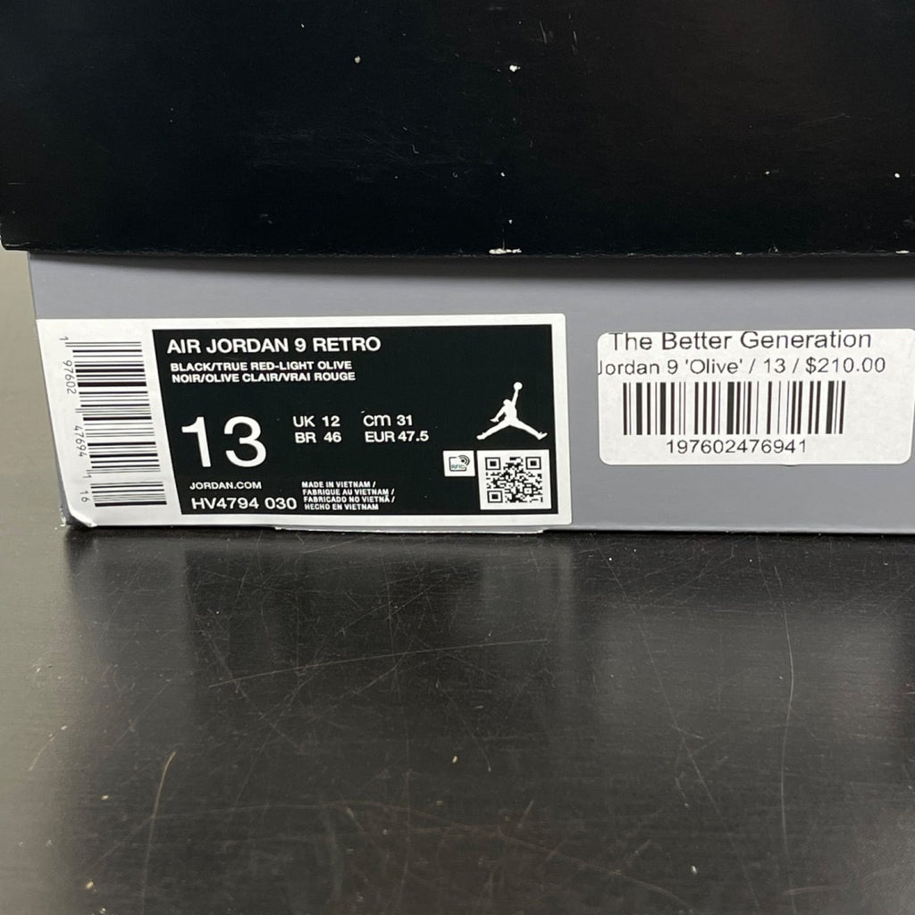 Jordan 9 Retro Olive (2024) 13 (Moderately Worn Pre-Owned)JordanBlack/True Red/Light Olive - Image 7