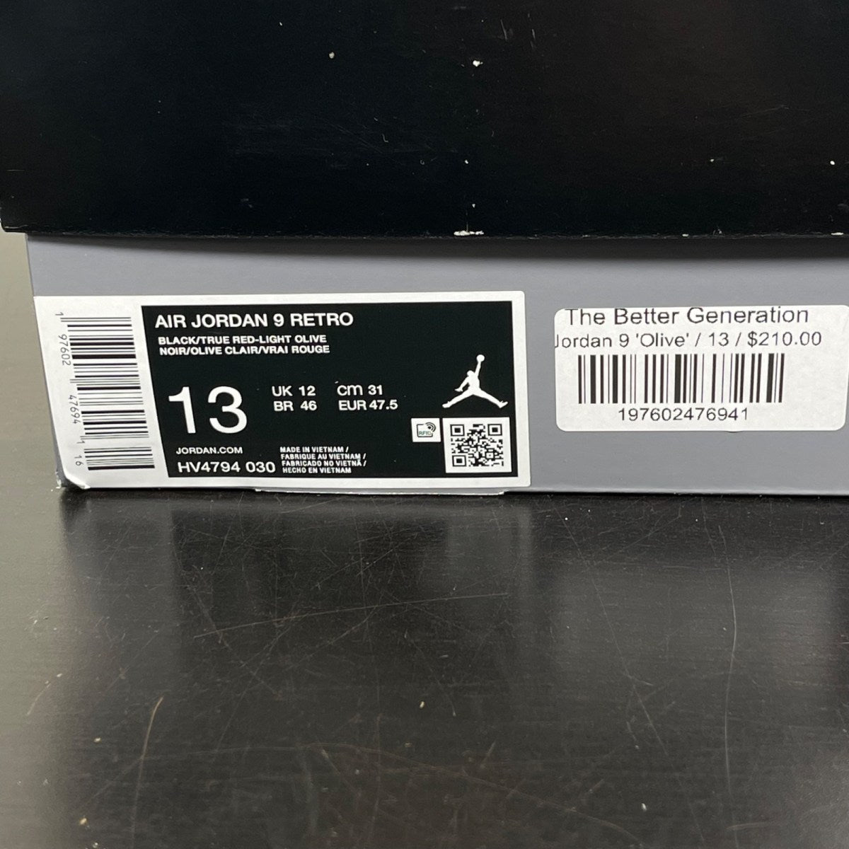 Jordan 9 Retro Olive (2024) 13 (Moderately Worn Pre-Owned)JordanBlack/True Red/Light Olive - Image 7