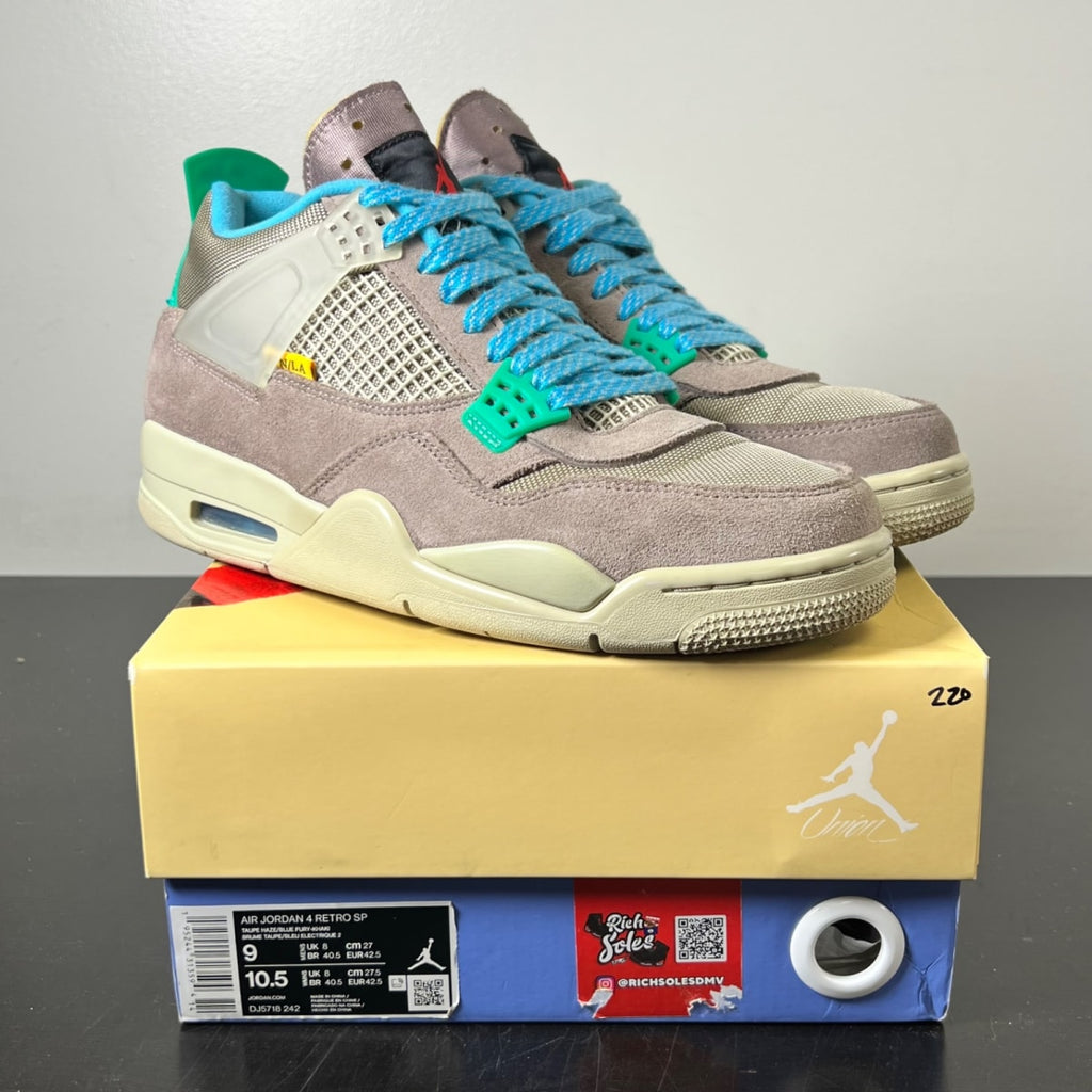 Jordan 4 Retro SP 30th Anniversary Union Taupe Haze 9 (Lightly Worn Pre-Owned)JordanTaupe Haze/Blue Fury-Khaki-Roma Green - Image 1