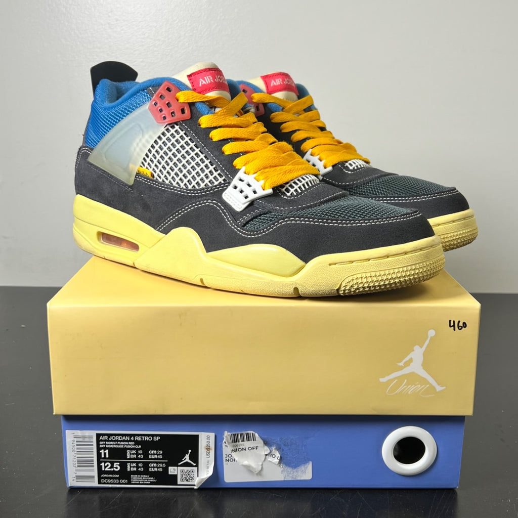 Jordan 4 Retro Union Off Noir 11 (Lightly Worn Pre-Owned)JordanOff-Noir/Brigade Blue-Dark Smoke Grey-Light Fusion Red - Image 1
