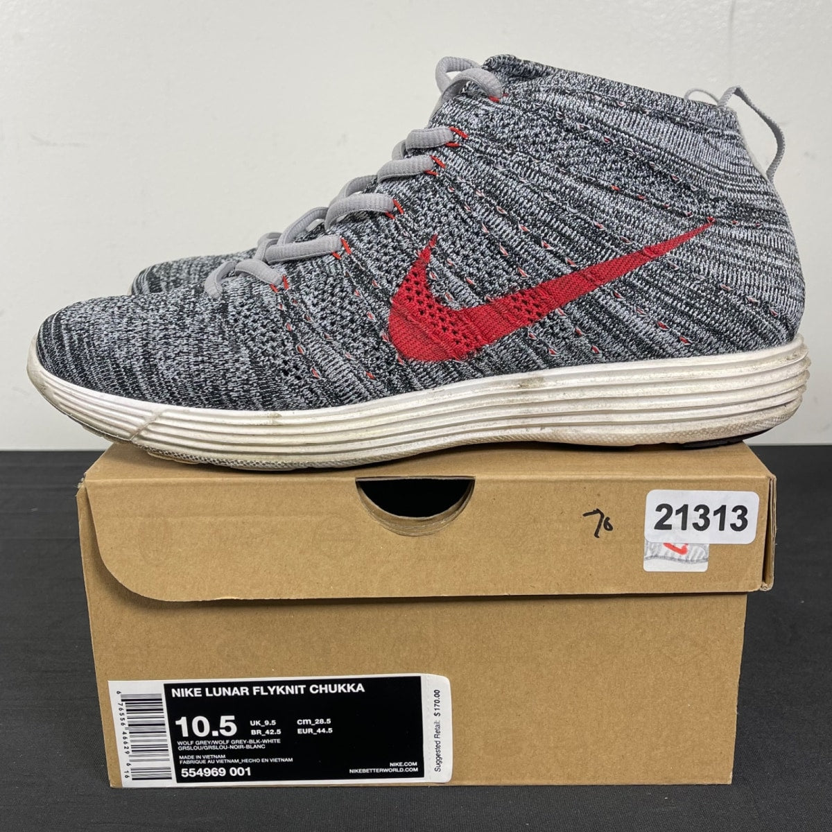 Nike Lunar Flyknit Chukka Wolf Grey Red 10.5 (Moderately Worn Pre-Owned)NikeWolf Grey/Wolf Grey-Black-White - Image 3
