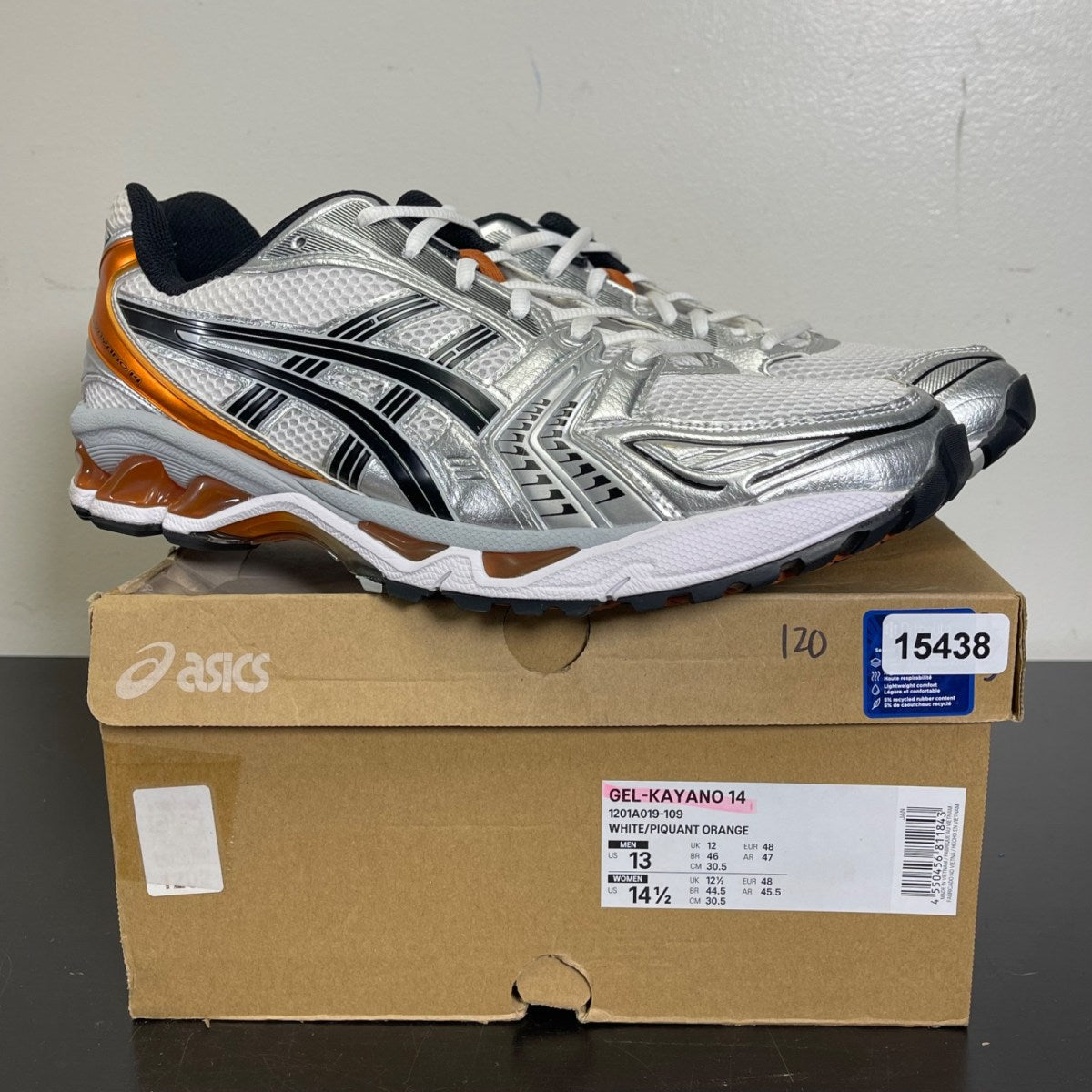 ASICS Gel-Kayano 14 White Piquant Orange 13 (Moderately Worn Pre-Owned)ASICSWhite/Piquant Orange - Image 1