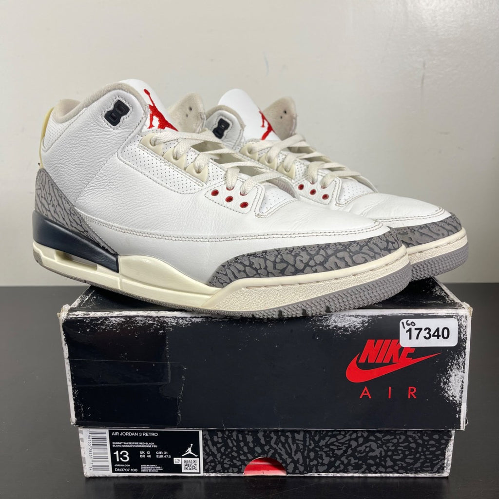 Jordan 3 Retro White Cement Reimagined 13 (Moderately Worn Pre-Owned)JordanSummit White/Fire Red/Black/Cement Grey - Image 1