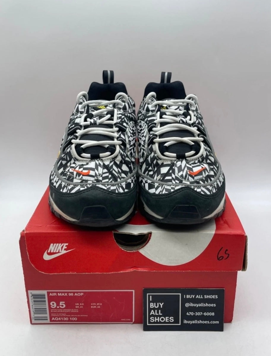 Nike Air Max 98 AOP Black 9.5 (Lightly Worn Pre-Owned)NikeWhite/Team Orange-Black - Image 2