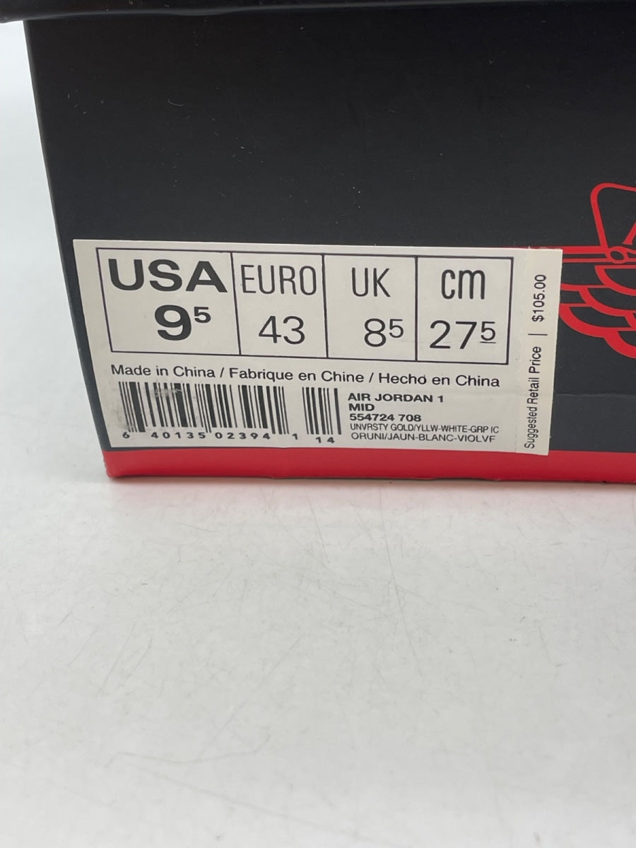 Jordan 1 Mid Lakers 9.5 (Moderately Worn Pre-Owned)JordanUniversity Gold/Tour Yellow-White-Grape Ice - Image 9