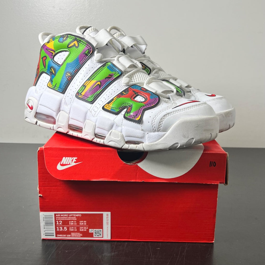 Nike Air More Uptempo Peace, Love, Swoosh 12 (Moderately Worn Pre-Owned)NikeWhite/Black-University Gold-University Red - Image 1