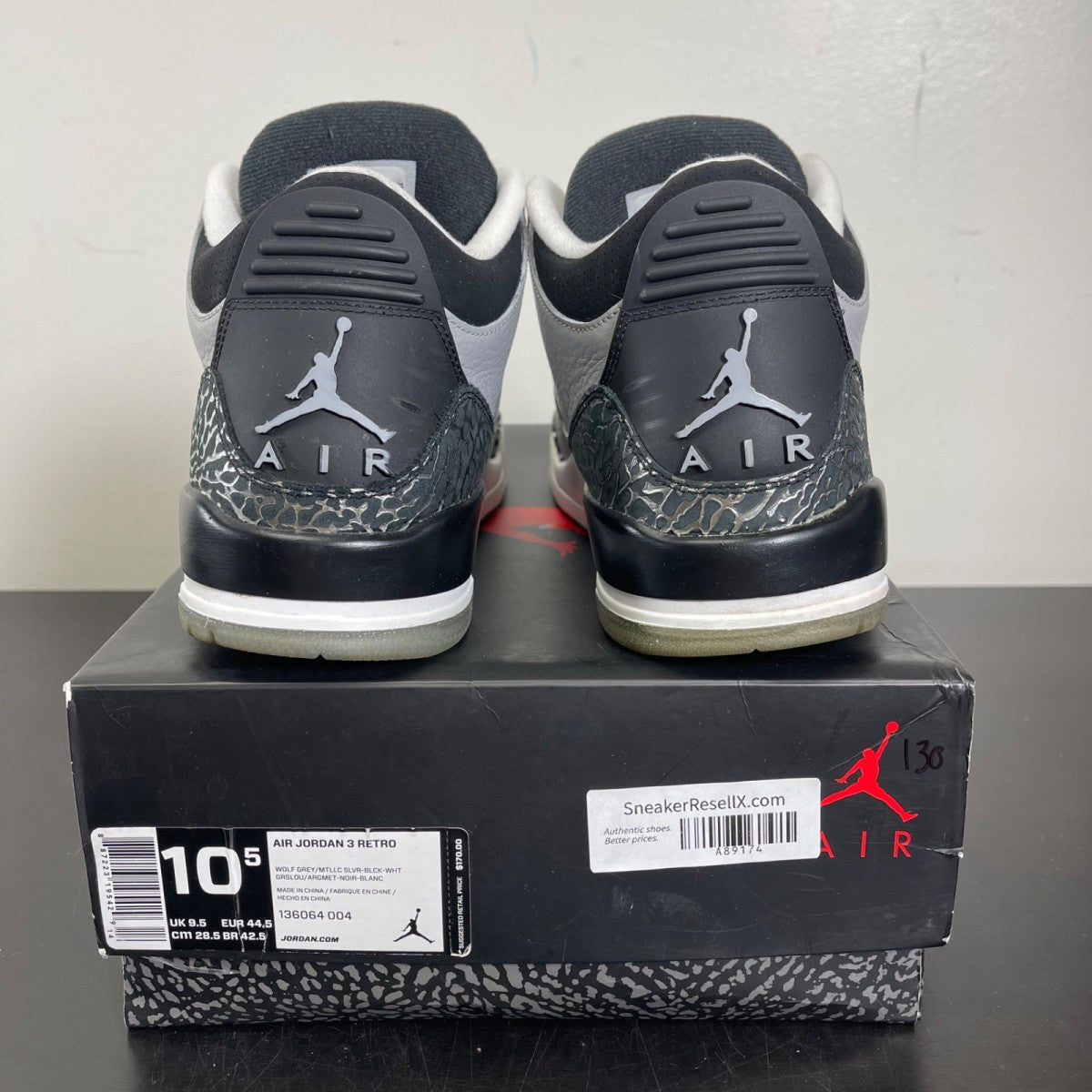 Jordan 3 Retro Wolf Grey 10.5 (Moderately Worn Pre-Owned)JordanWolf Grey/Metallic Silver/Black/White - Image 4