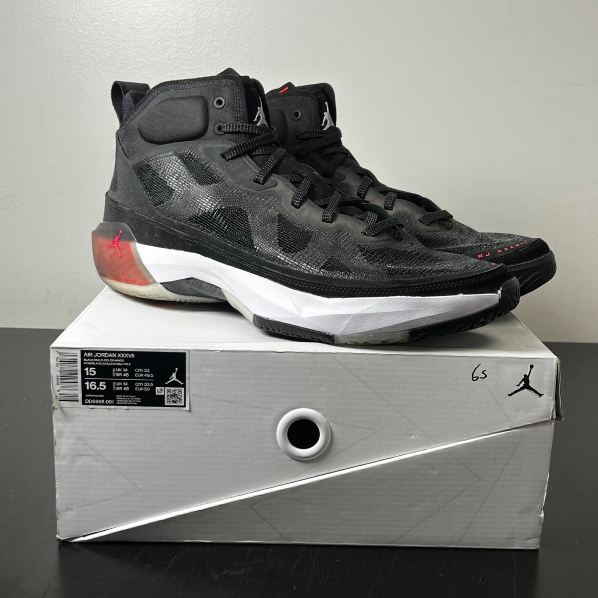 Jordan 37 Black Hot Punch 15 (Heavily Worn Pre-Owned)JordanBlack/White/Hot Punch/Multicolor - Image 1