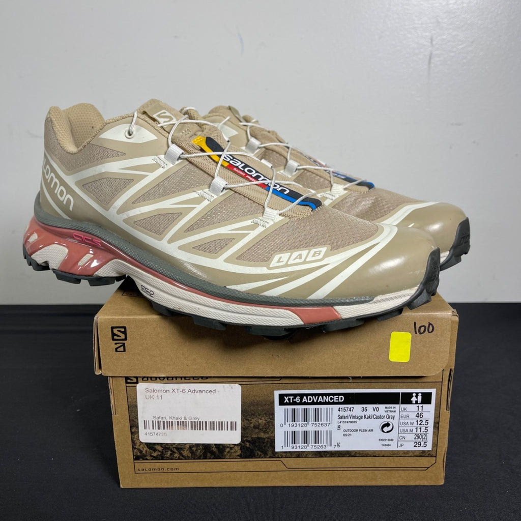 Salomon XT-6 Advanced Safari Vintage Khaki 11.5 (Moderately Worn Pre-Owned)SalomonSafari/Vintage Khaki/Red - Image 1