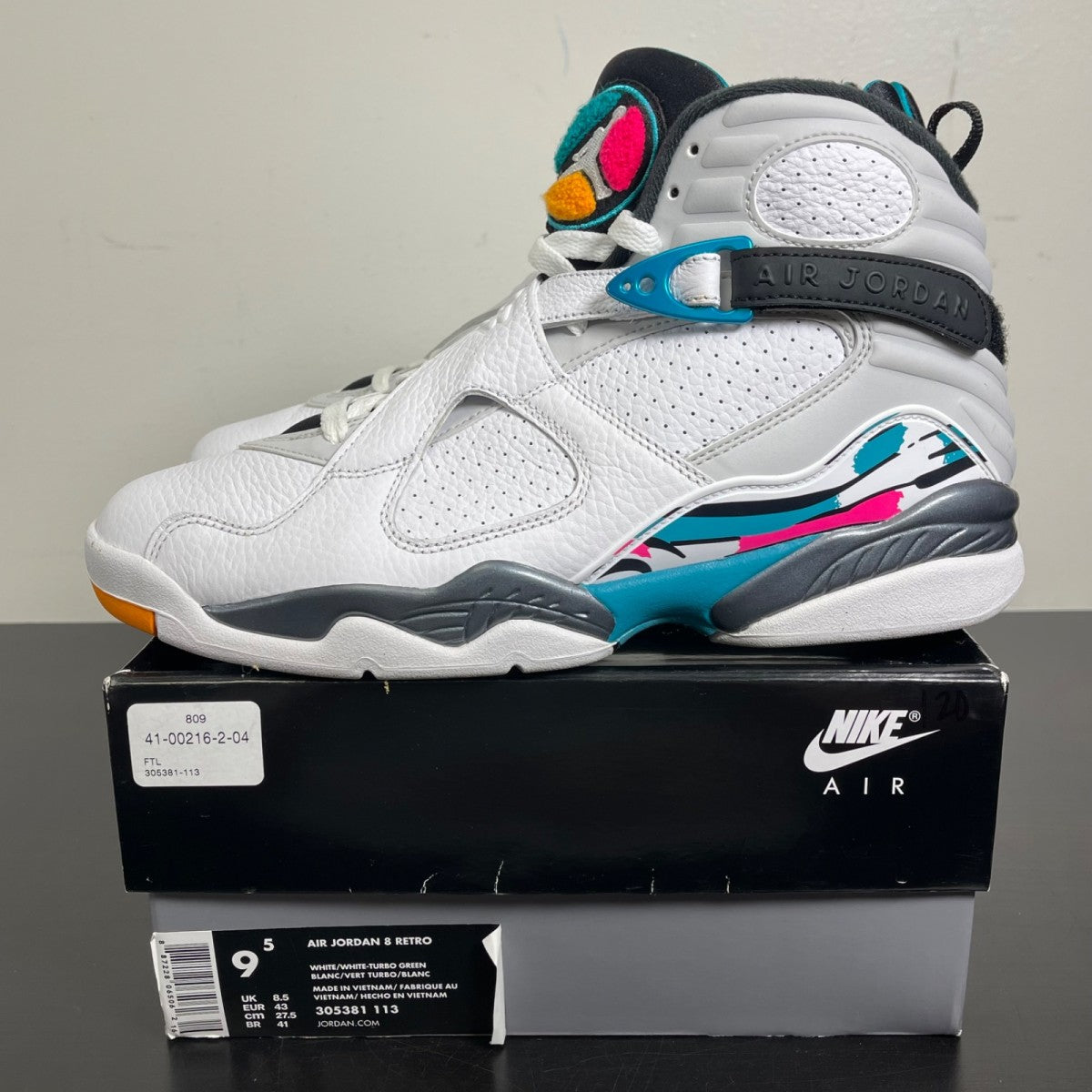 Jordan 8 Retro South Beach 9.5 (Moderately Worn Pre-Owned)JordanWhite/White-Turbo Green-Neutral Grey - Image 3