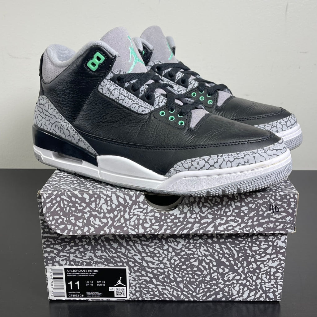 Jordan 3 Retro Green Glow 11 (Moderately Worn Pre-Owned)JordanBlack/Green Glow/Wolf Grey/White - Image 1