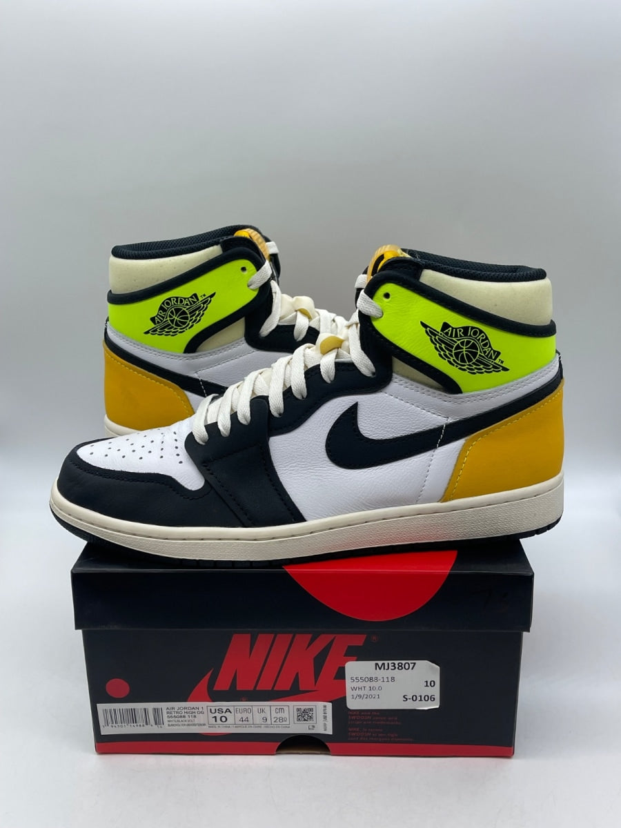 Jordan 1 Retro High White Black Volt University Gold 10 (Moderately Worn Pre-Owned)JordanWhite/Black-Volt-University Gold - Image 1