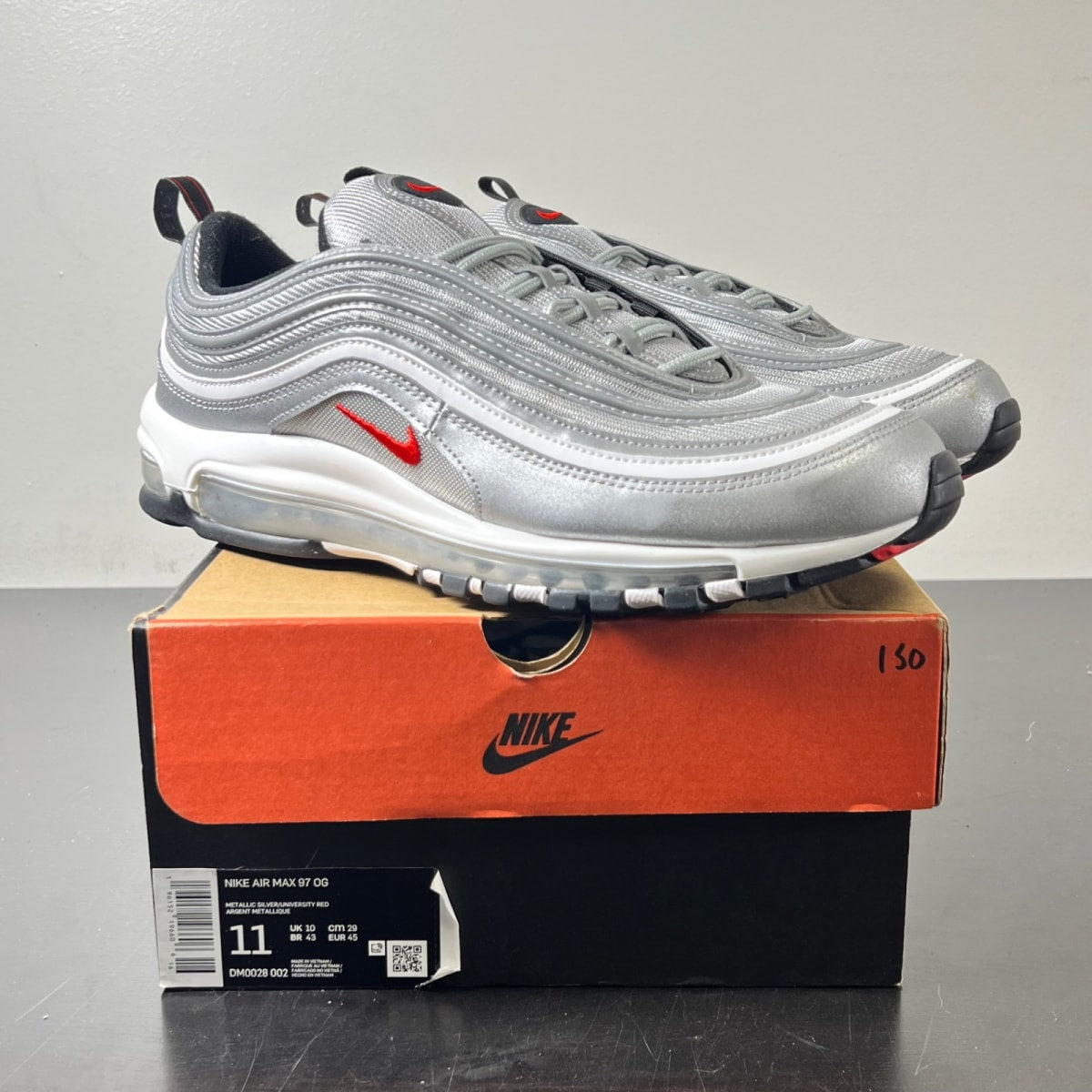 Nike Air Max 97 OG Silver Bullet (2022) 11 (Lightly Worn Pre-Owned)NikeMetallic Silver/University Red-Black-White - Image 1