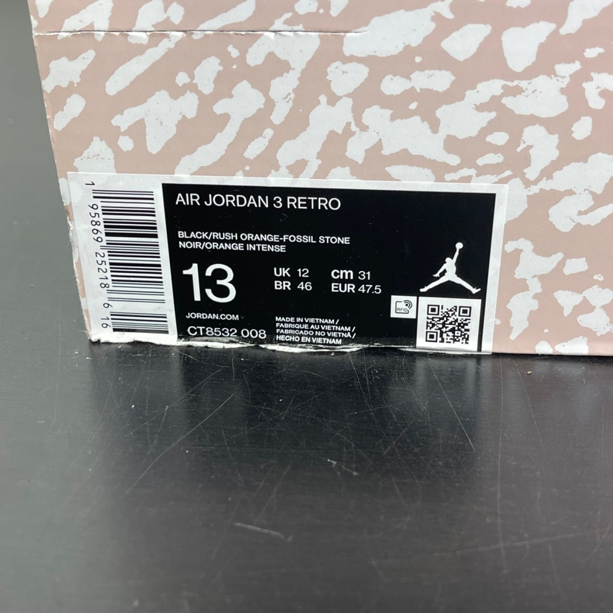 Jordan 3 Retro Desert Elephant 13 (Moderately Worn Pre-Owned)JordanBlack/Rush Orange/Fossil Stone/Sail - Image 7