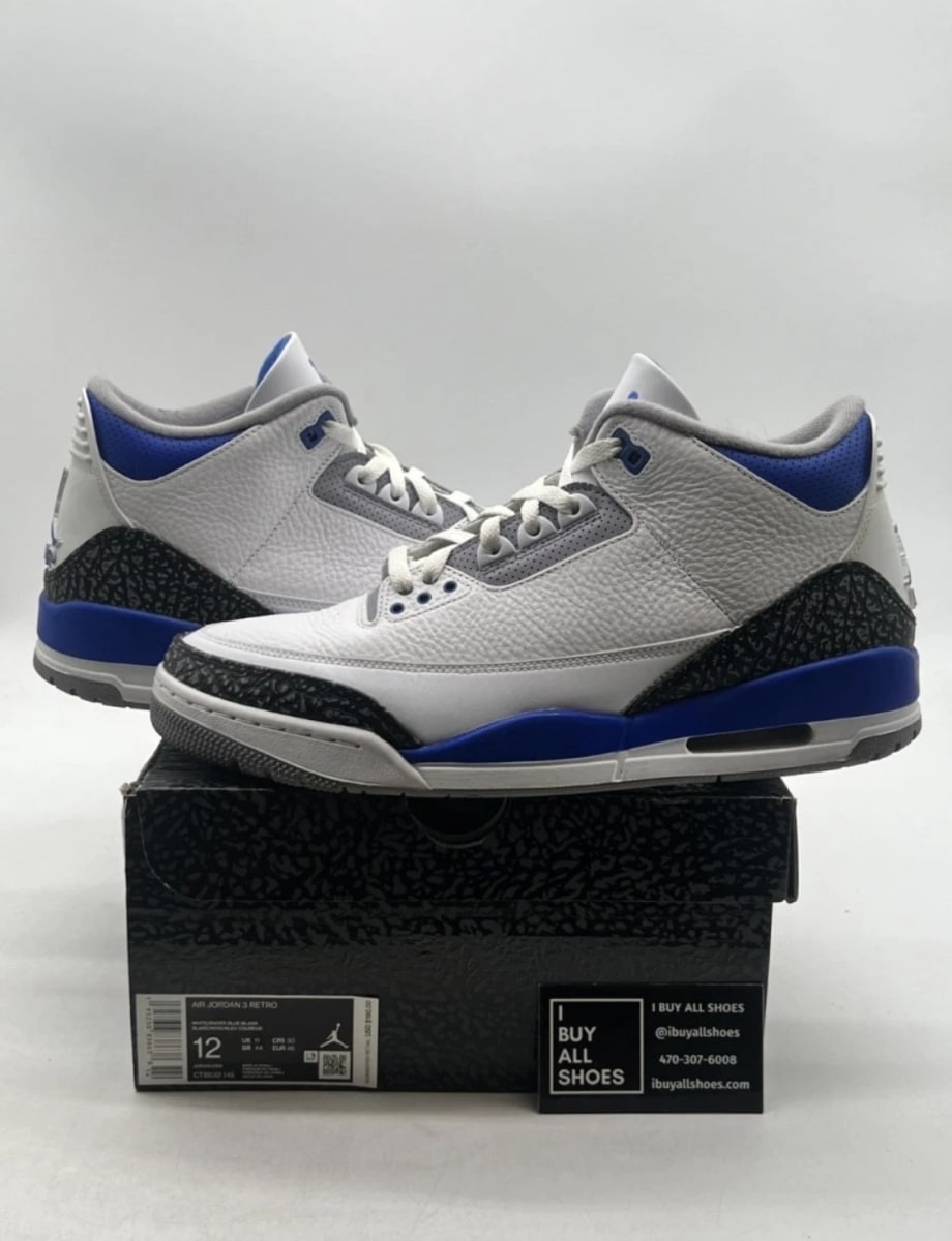 Jordan 3 Retro Racer Blue 12 (Lightly Worn Pre-Owned)JordanWhite/Black-Cement Grey-Racer Blue - Image 1