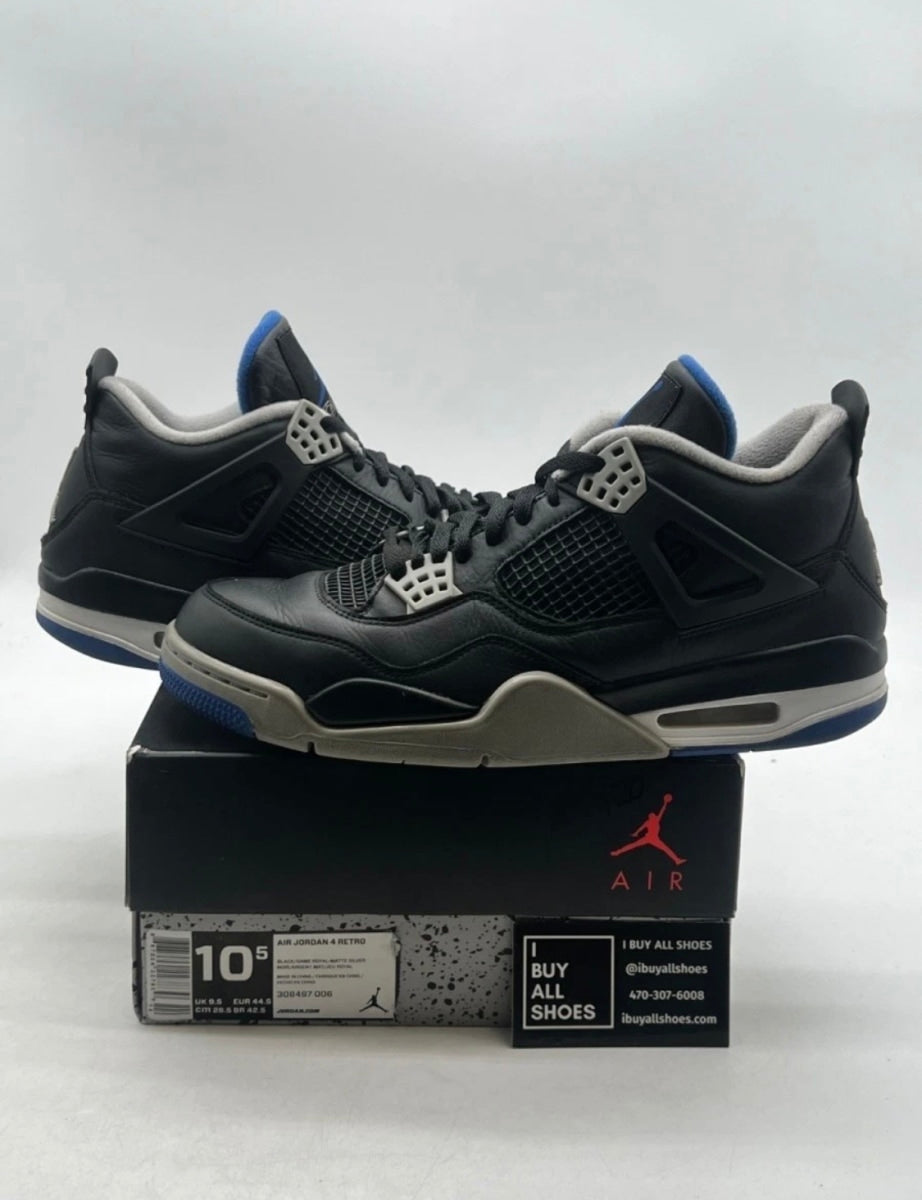 Jordan 4 Retro Motorsports Alternate 10.5 (Moderately Worn Pre-Owned)JordanBlack/Game Royal-Matte Silver-White - Image 1