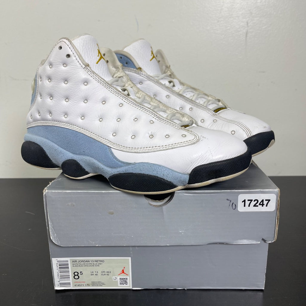 Jordan 13 Retro Blue Grey 8.5 (Moderately Worn Pre-Owned)JordanWhite/Yellow Ochre/Blue Grey/Black - Image 1