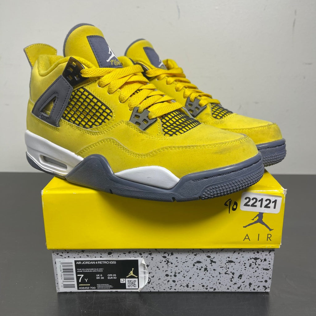 Jordan 4 Retro Lightning (2021) (GS) 7Y (Moderately Worn Pre-Owned)JordanTour Yellow/White-Dark Blue Grey - Image 1