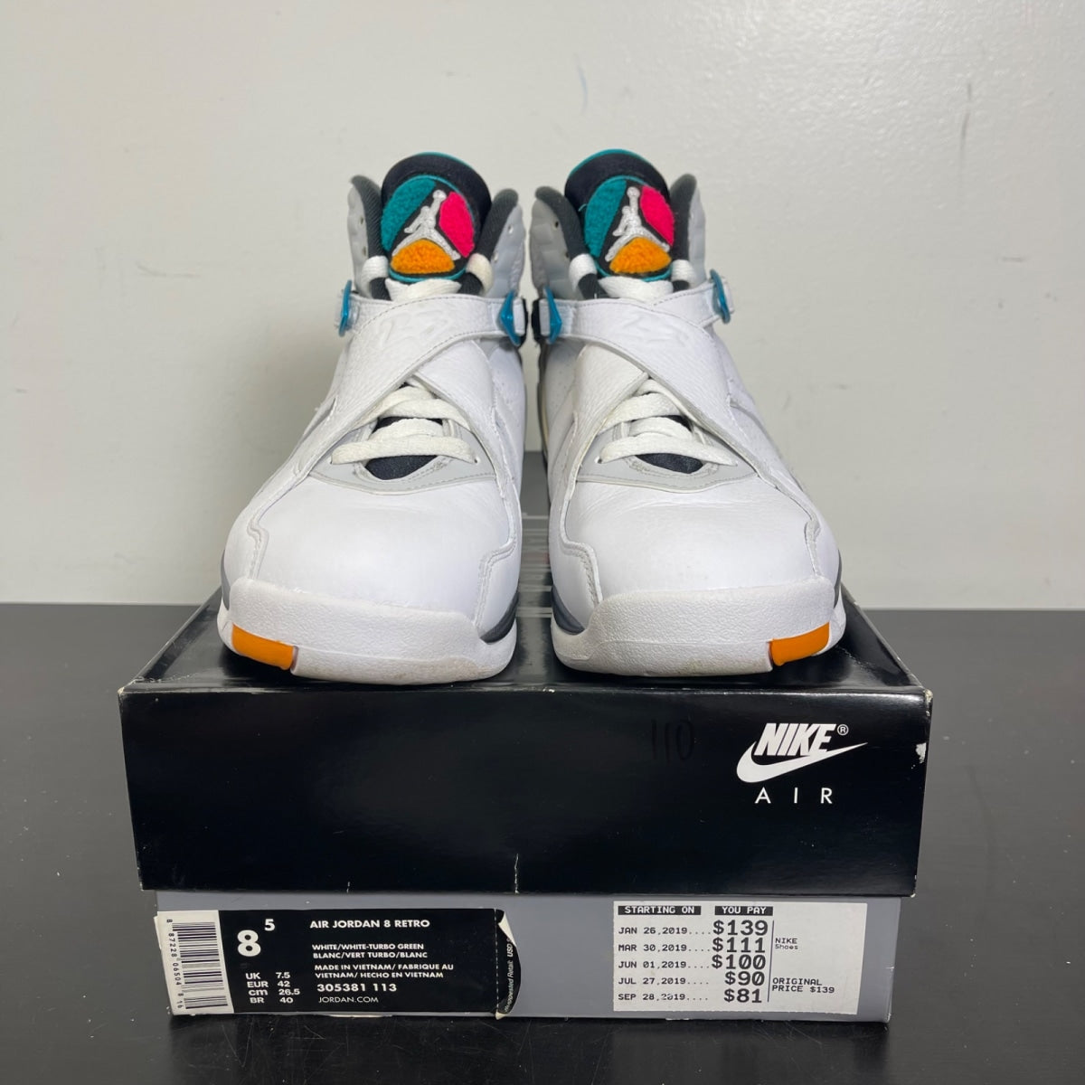 Jordan 8 Retro South Beach 8.5 (Moderately Worn Pre-Owned)JordanWhite/White-Turbo Green-Neutral Grey - Image 2