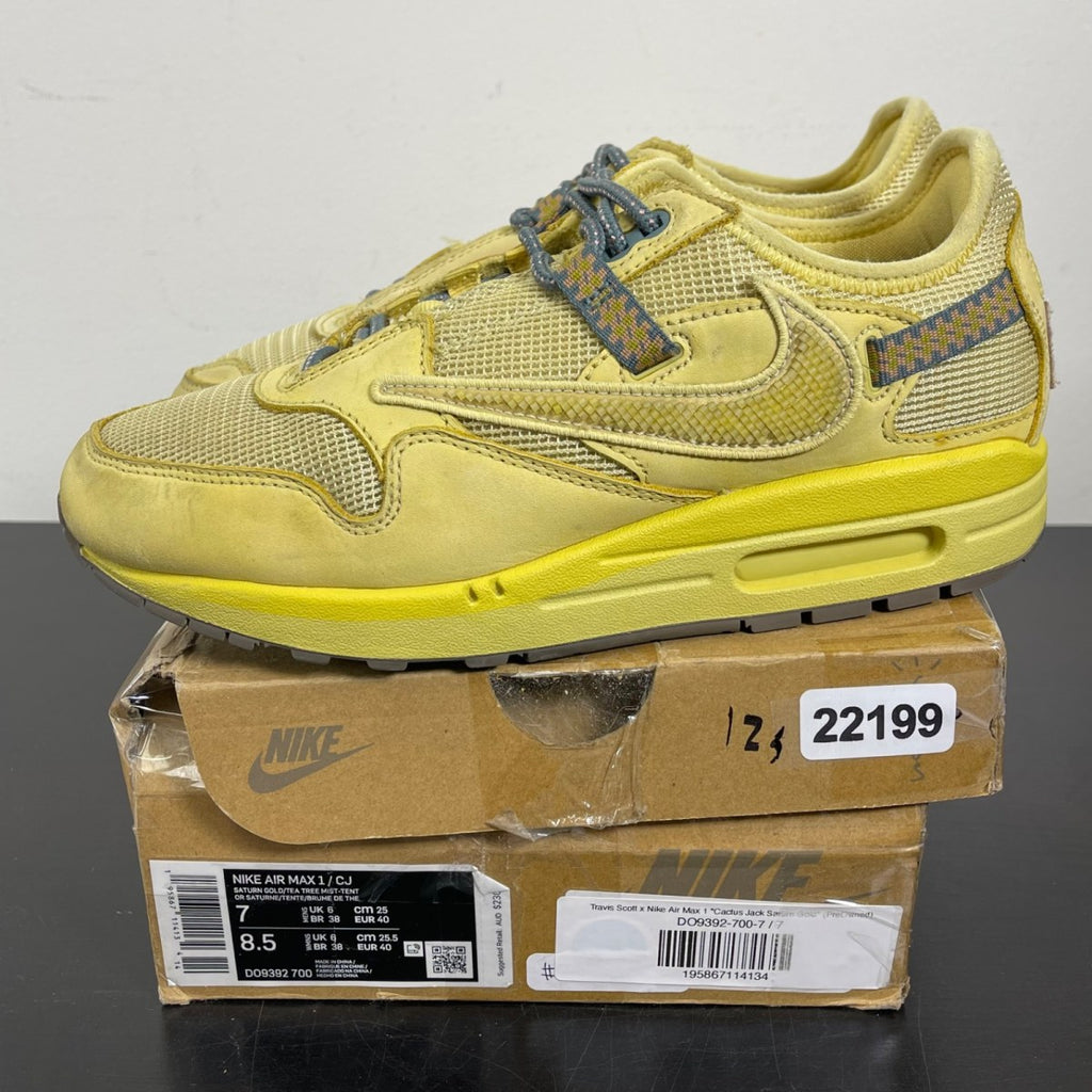 Nike Air Max 1 Travis Scott Cactus Jack Saturn Gold 7 (Moderately Worn Pre-Owned)NikeSaturn Gold/Tea Tree Mist/Tent - Image 3