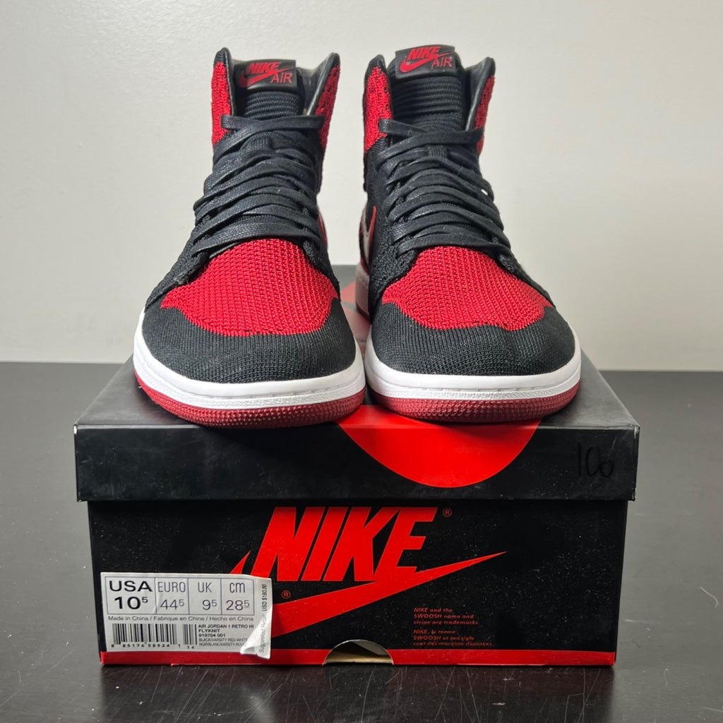 Jordan 1 Retro High Flyknit Bred 10.5 (Lightly Worn Pre-Owned)JordanBlack/Varsity Red-White - Image 2