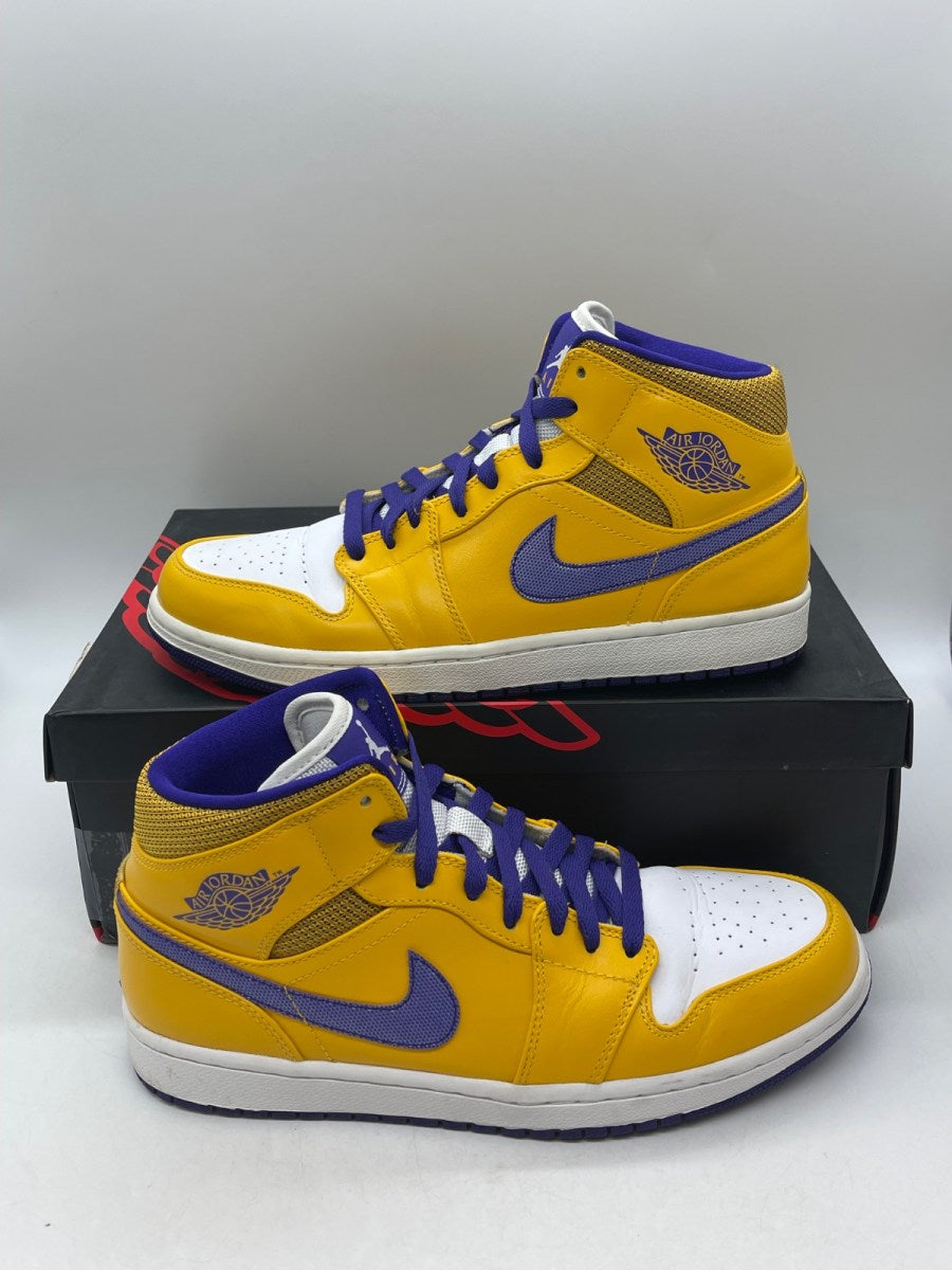 Jordan 1 Mid Lakers 9.5 (Moderately Worn Pre-Owned)JordanUniversity Gold/Tour Yellow-White-Grape Ice - Image 1