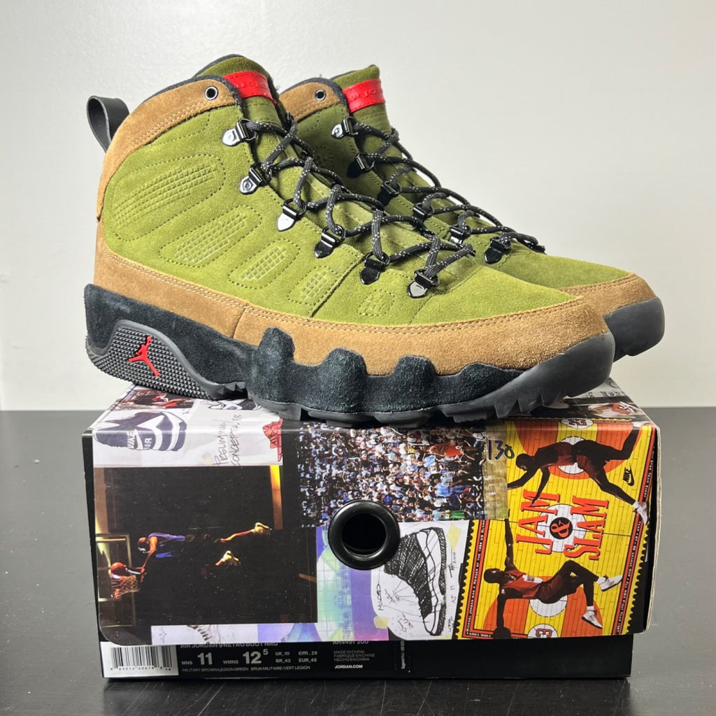 Jordan 9 Retro Boot NRG Military Brown 11 (Lightly Worn Pre-Owned)JordanMilitary Brown/Legion Green-University Red-Black - Image 1