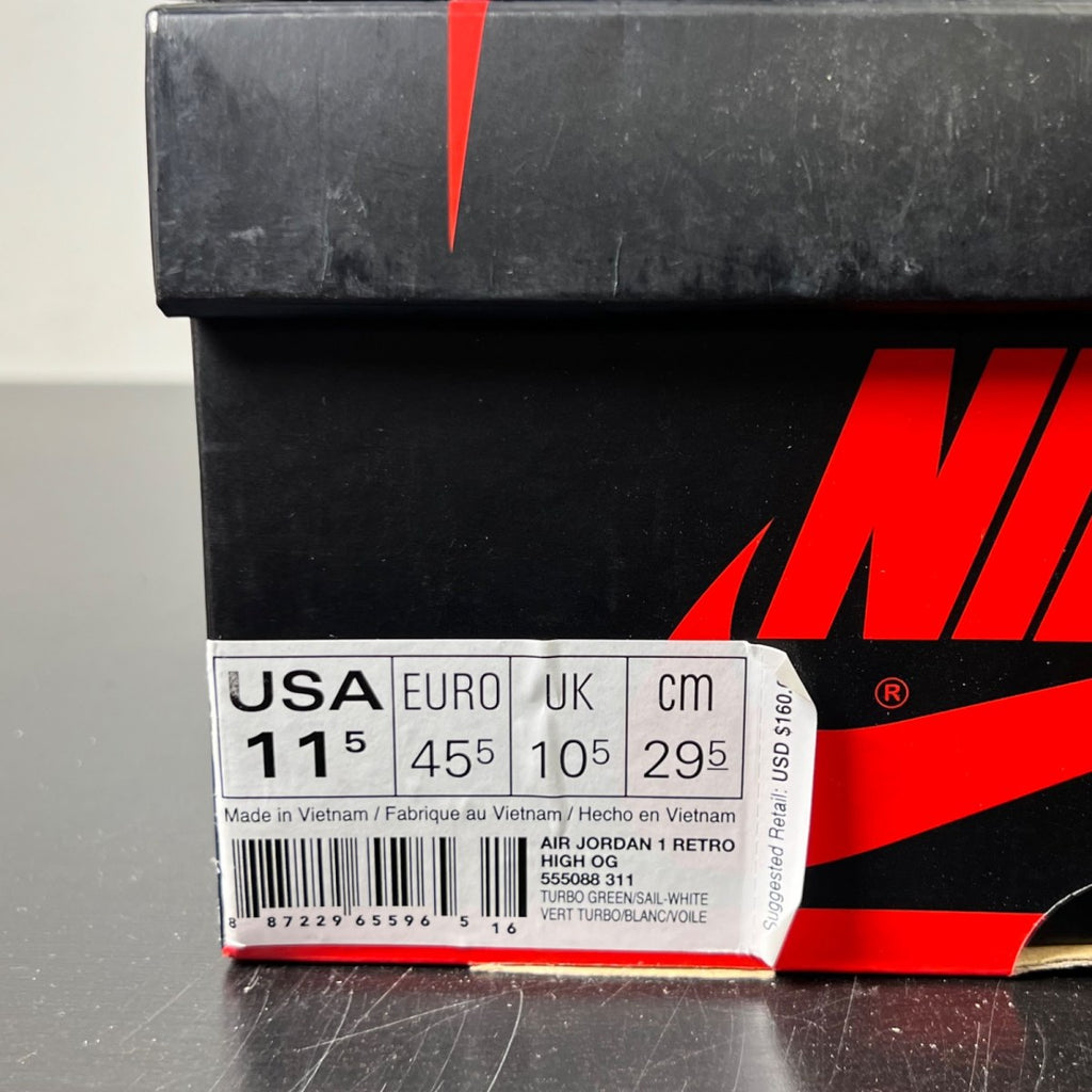 Jordan 1 Retro High Turbo Green 11.5 (Lightly Worn Pre-Owned)JordanTurbo Green/Sail-White-Light Smoke Grey - Image 4