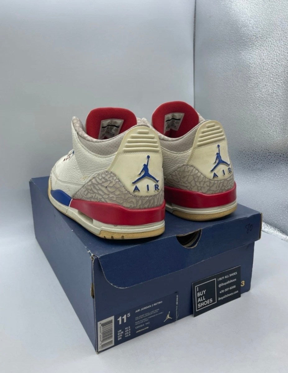 Jordan 3 Retro International Flight 11.5 (Heavily Worn Pre-Owned)JordanSail/Sport Royal-Light Bone-Fire Red - Image 4