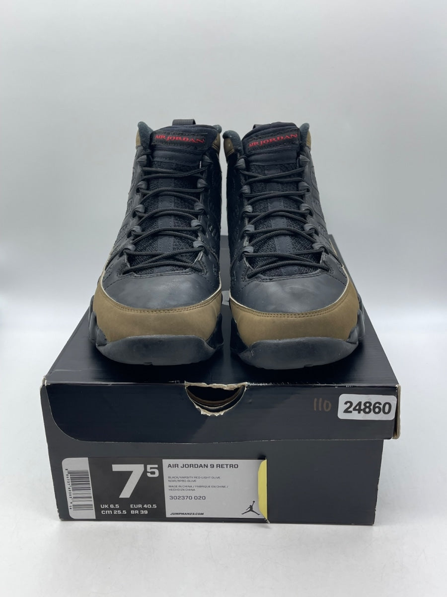 Jordan 9 Retro Olive (2012) 7.5 (Moderately Worn Pre-Owned)JordanBlack/Light Olive-Varsity Red - Image 2