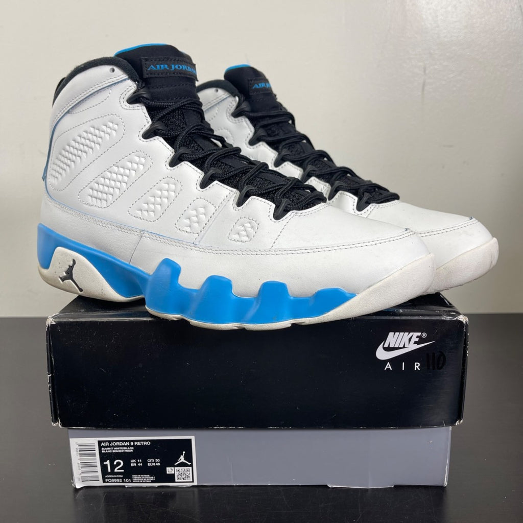 Jordan 9 Retro Powder Blue (2024) 12 (Moderately Worn Pre-Owned)JordanSummit White/Black/Dark Powder Blue - Image 1