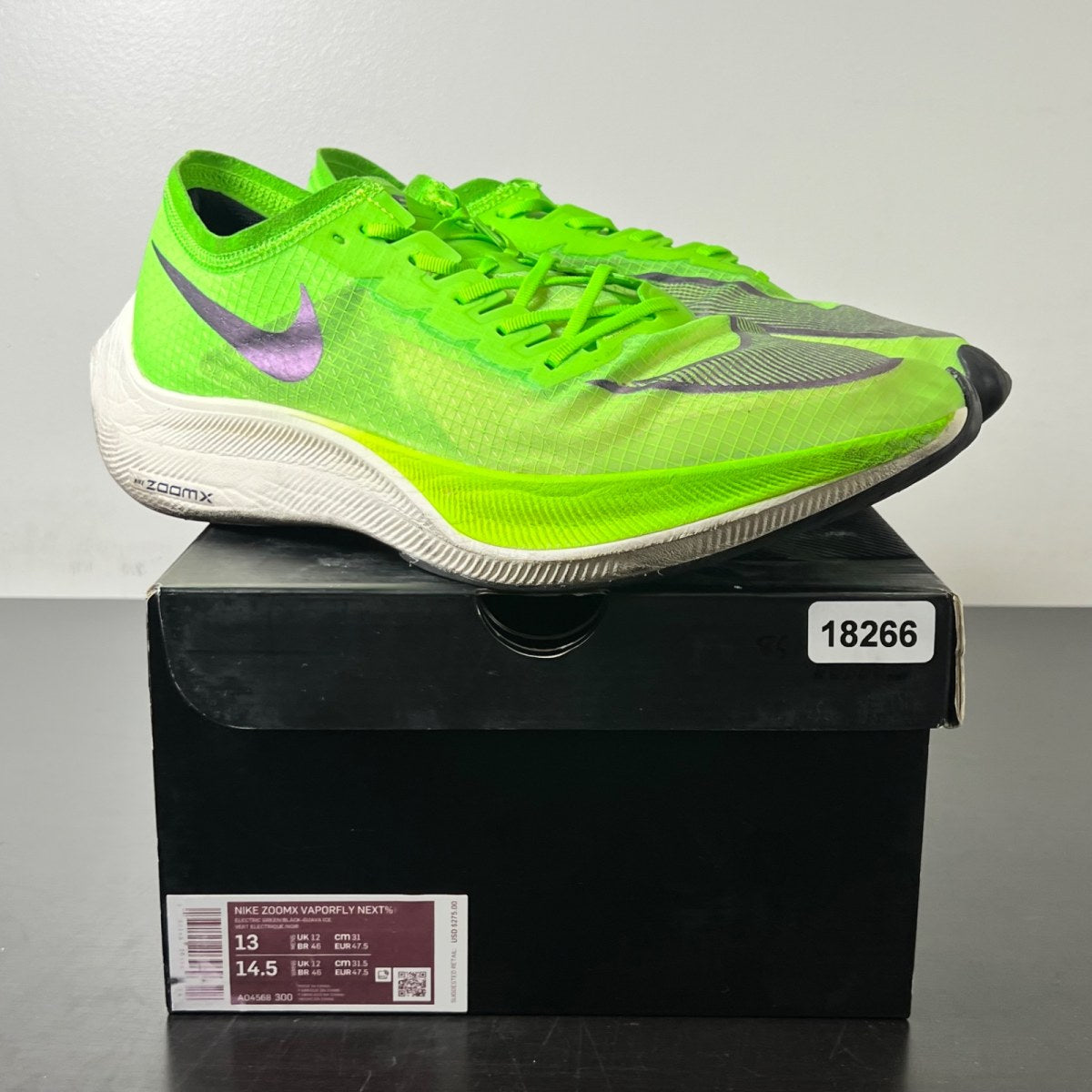 Nike ZoomX Vaporfly Next% Volt 13 (Moderately Worn Pre-Owned)NikeElectric Green/Black-Guava Ice - Image 1