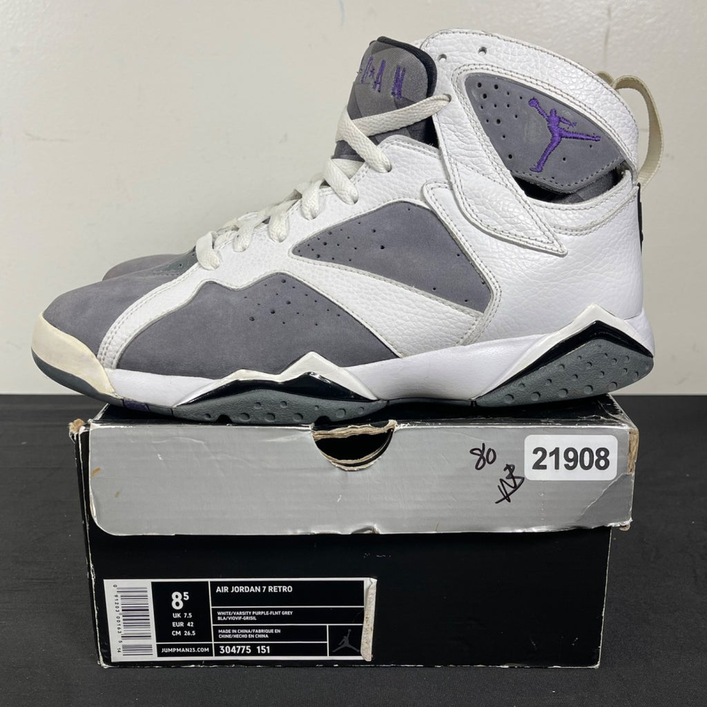 Jordan 7 Retro Flint 8.5 (Moderately Worn Pre-Owned)JordanWhite/Varsity Purple-Flint Grey - Image 3