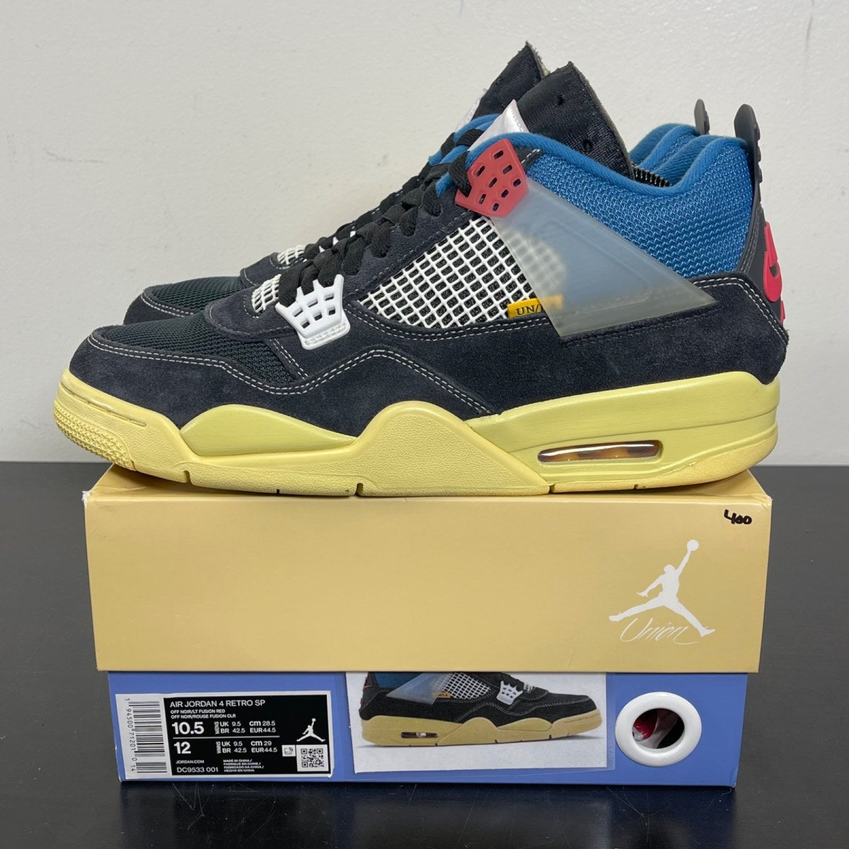 Jordan 4 Retro Union Off Noir 10.5 (Moderately Worn Pre-Owned)JordanOff-Noir/Brigade Blue-Dark Smoke Grey-Light Fusion Red - Image 3