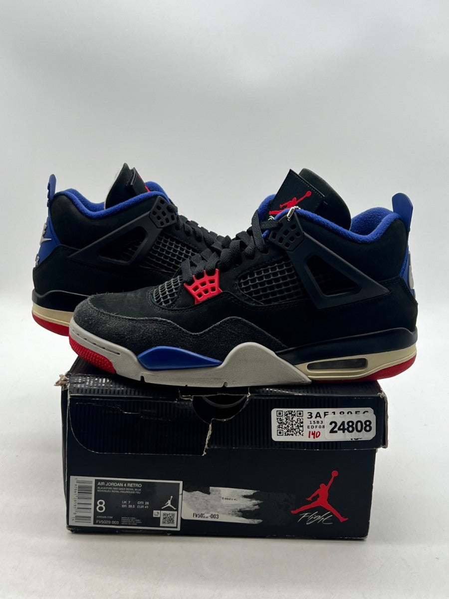 Jordan 4 Retro Rare Air (White Lettering) 8 (Moderately Worn Pre-Owned)JordanBlack/Fire Red/Deep Royal Blue/Dark Smoke Grey/Tech Grey - Image 1