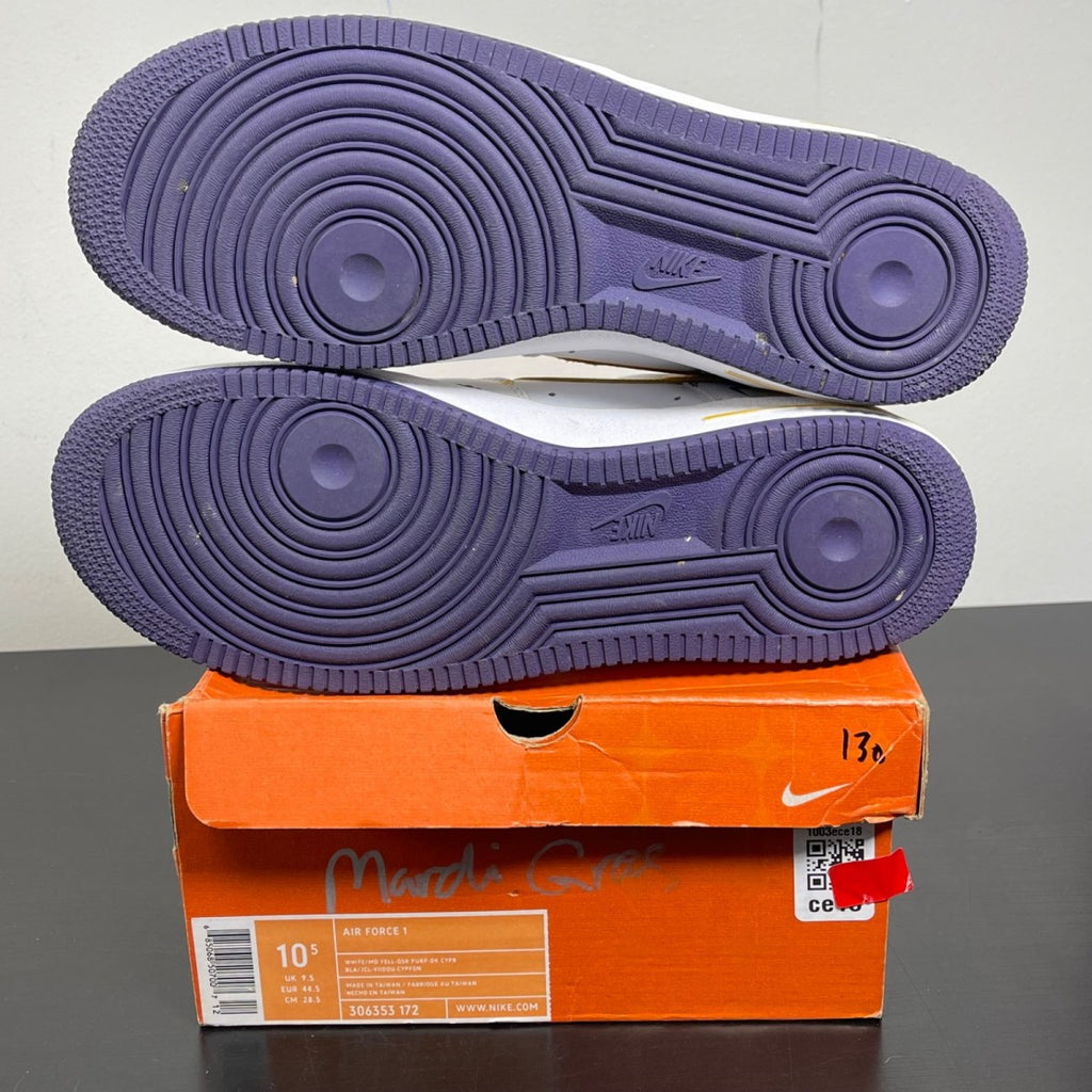Nike Air Force 1 Low Mardi Gras 10.5 (Moderately Worn Pre-Owned)NikeWhite/Medium Yell-Purp-Dark Cypress - Image 5