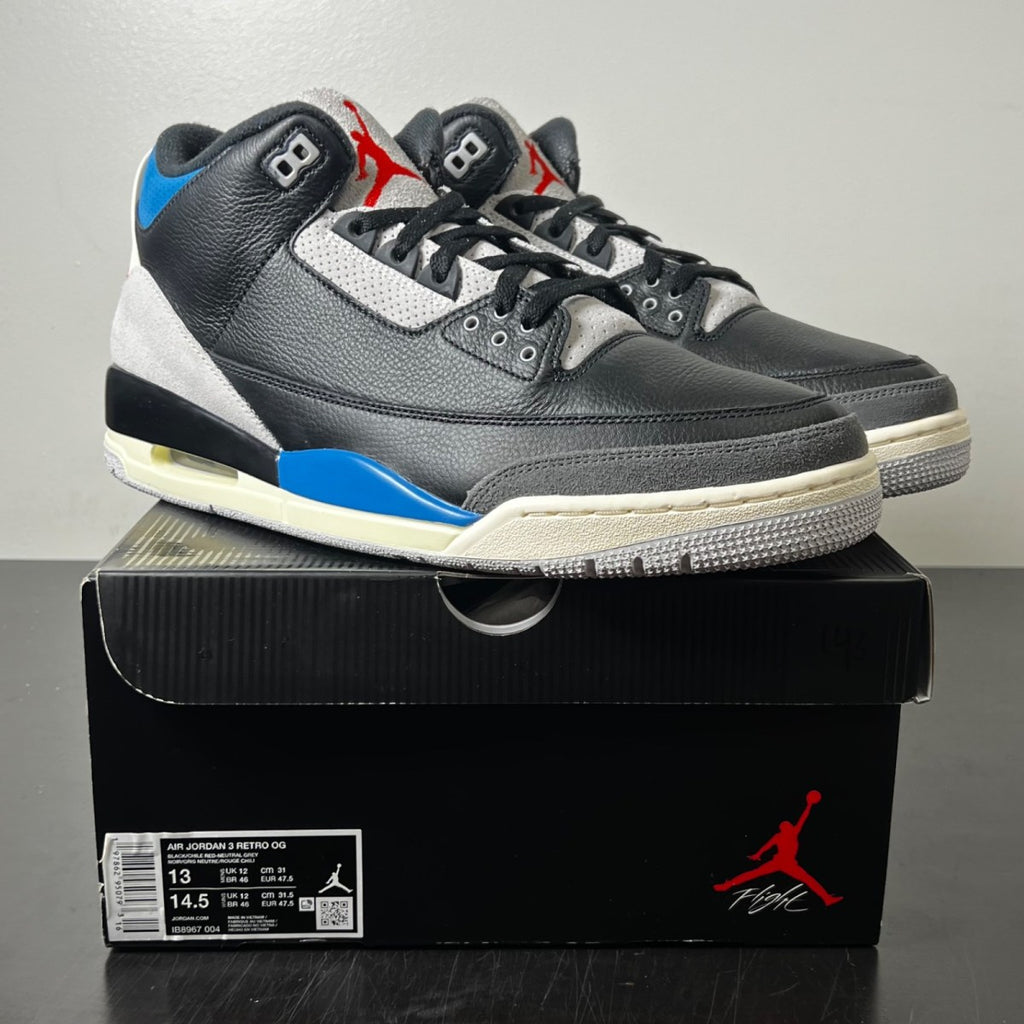 Jordan 3 Retro OG Rare Air 13 (Lightly Worn Pre-Owned)JordanBlack/Chile Red/Neutral Grey/Military Blue/Coconut Milk - Image 1