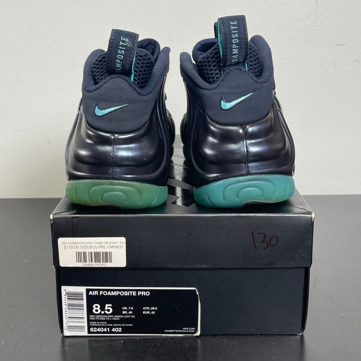 Nike Air Foamposite Pro Dark Obsidian 8.5 (Moderately Worn Pre-Owned)NikeDark Obsidian/Dark Obsidian-Blue Aquamarine - Image 4
