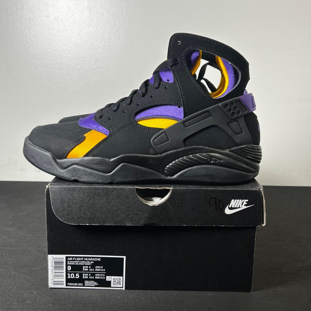 Nike Air Flight Huarache Lakers Away 9 (Lightly Worn Pre-Owned)NikeBlack/Varsity Purple/Del Sol - Image 3